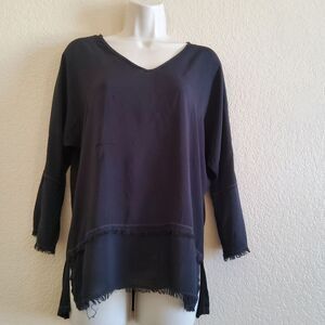 XCVI Wearables Long Sleeve Fringe Frayed Tunic Knit Top Size XS Black New